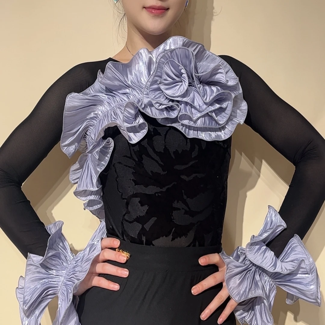 YRSS舞服♥新款设计师紫荆米兰提绒花拉丁舞摩登舞连体上衣