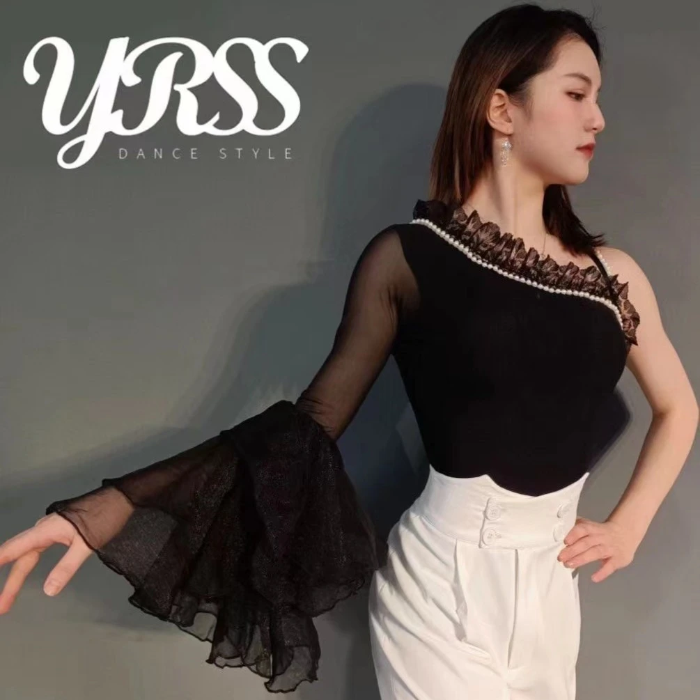 YRSS舞服♥新款摩登拉丁摩登舞服国标摩登斜肩珍珠上衣