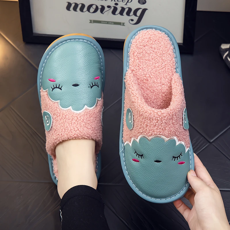 秋冬季居家用保暖牛皮面棉拖鞋男女室内卡通防滑真皮家居拖鞋冬天