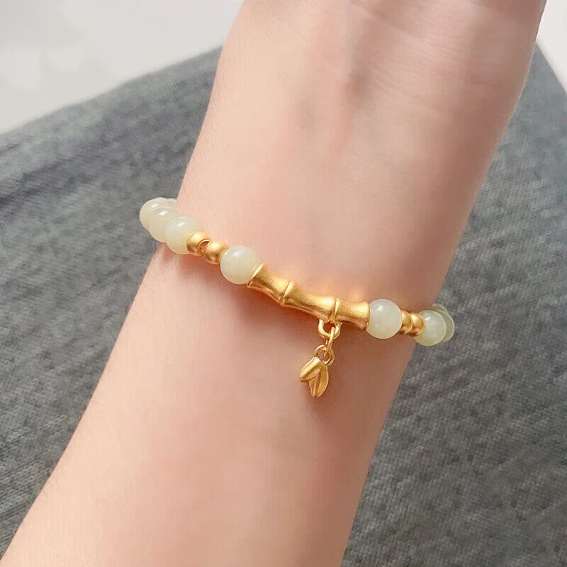 黄金竹节手链999足金和田玉转运珠节节高升手串送女友