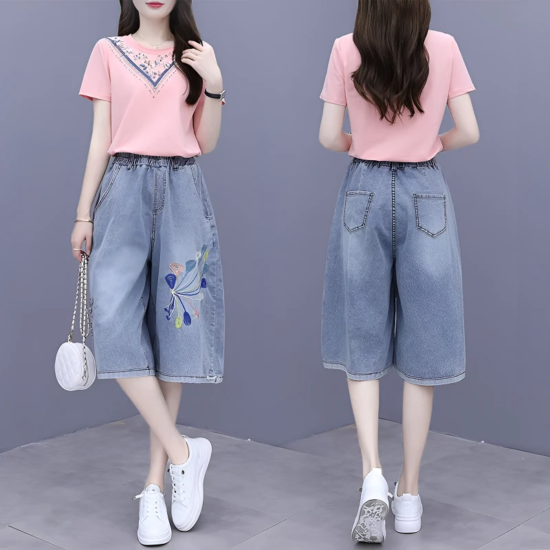 大码夏季薄款七分牛仔裤女松紧高腰宽松遮肉显瘦百搭休闲阔腿中裤