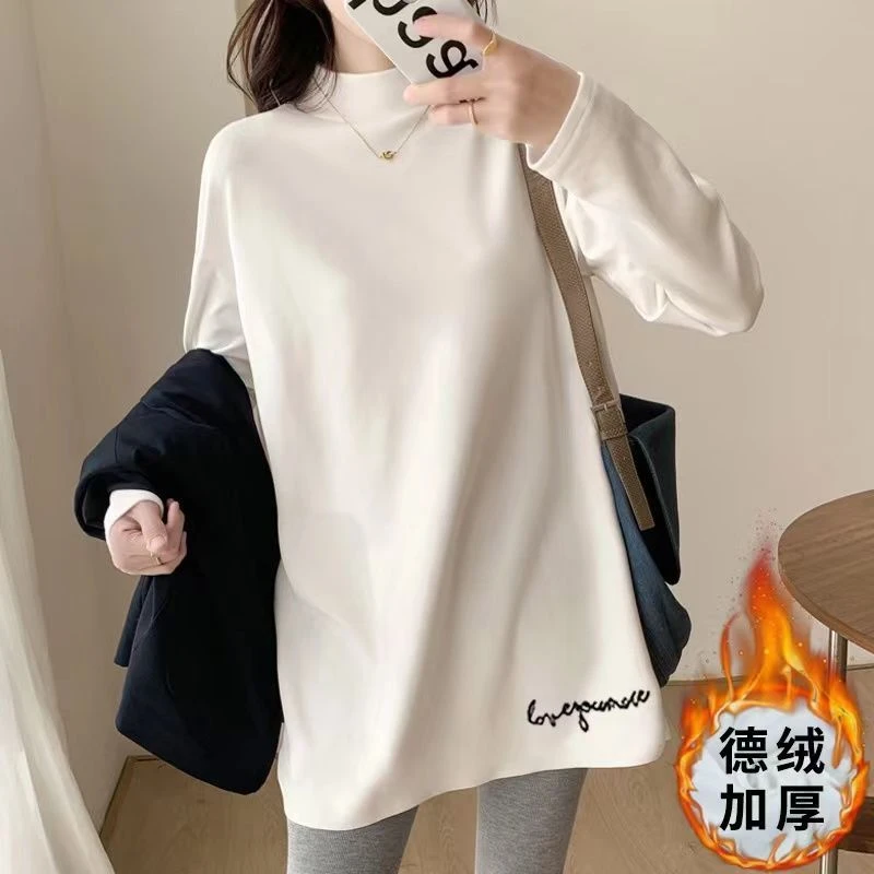 德绒半高领打底衫内搭女秋冬洋气白色长袖加绒中长款保暖上衣T恤