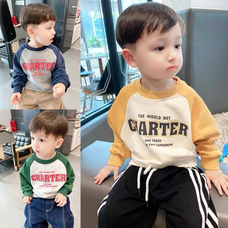 新款上新热销软糯毛圈棉男童撞色字母插肩卫衣春秋款中小童宝宝韩