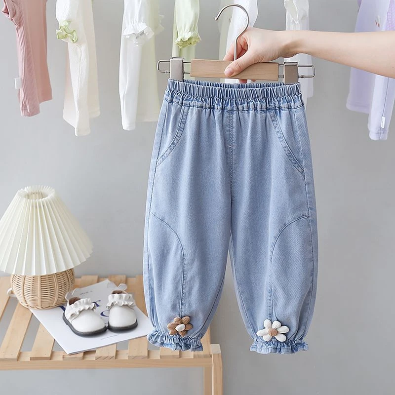 新款上新热销韩版童装夏装女童天丝牛仔裤婴儿空调裤子女宝宝防蚊