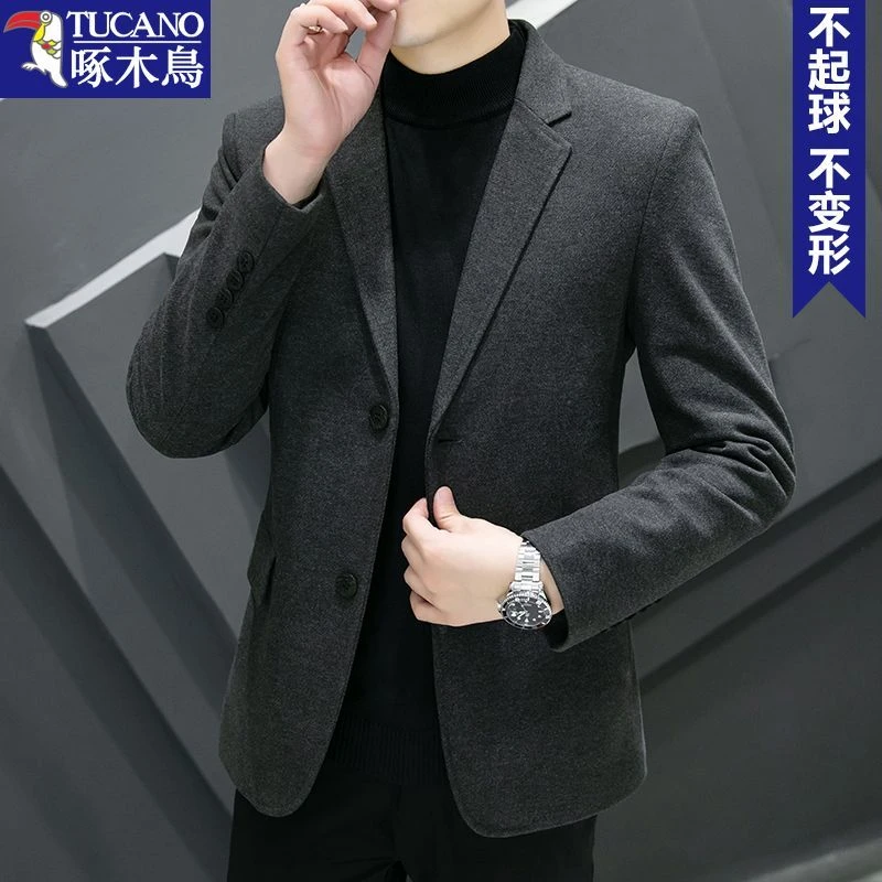 啄木鸟男士名牌西装毛呢小西装男厚款高级商务休闲男士外套秋冬季