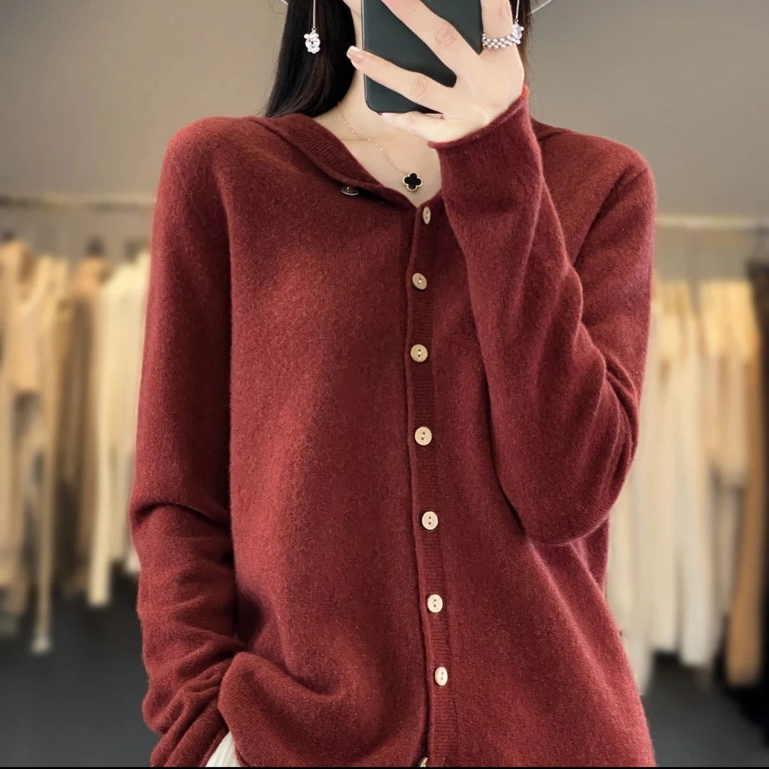 羊毛衫女100%纯羊毛连帽针织衫秋冬显瘦宽松毛衣纯色外套时尚外套