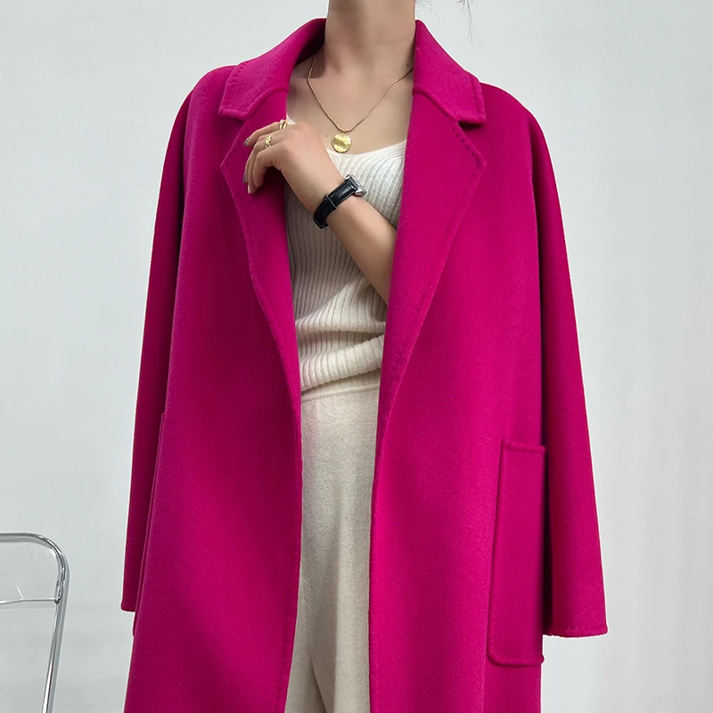 高端双面呢100%羊毛女士大翻领大衣中长款轻奢赫本风气质毛呢外套