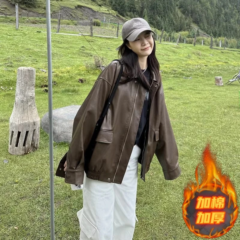 美拉德皮衣外套女2024秋冬新款爆款女棕色美式港式复古高级感机车