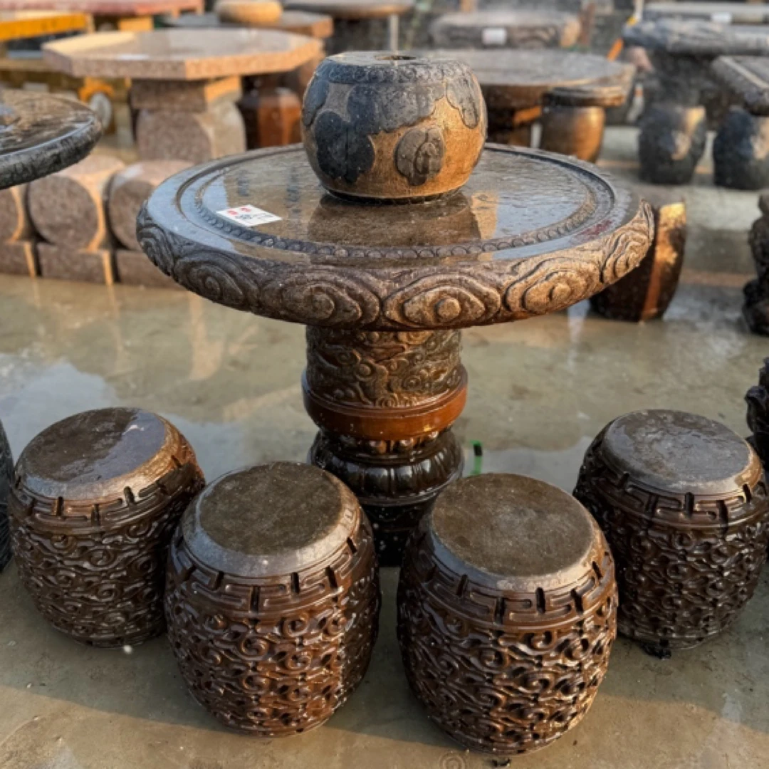 石桌石凳庭院户外花园天然整石台青石茶台大理石桌椅仿古石头茶桌