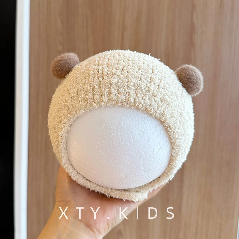 秋冬季保暖宝宝护耳帽毛绒小球软糯ins韩版可爱男女婴幼儿包头帽