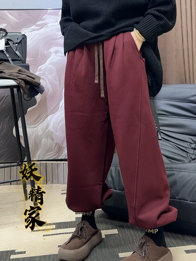 219【妖精家】加绒加厚休闲裤女秋冬高腰宽松哈伦裤百搭束脚卫裤