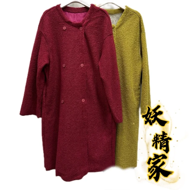 8101【妖精家】秋冬中长款韩版宽松显瘦双排扣颗粒绒加厚风衣外套