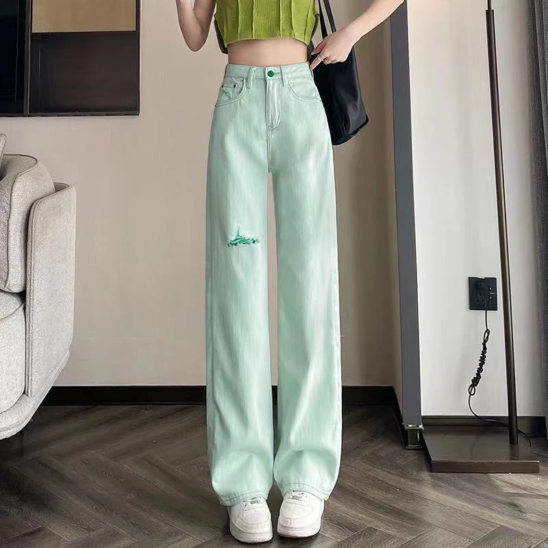 破洞阔腿牛仔裤女夏季新款薄款高腰显瘦宽松直筒浅绿色水洗拖地裤