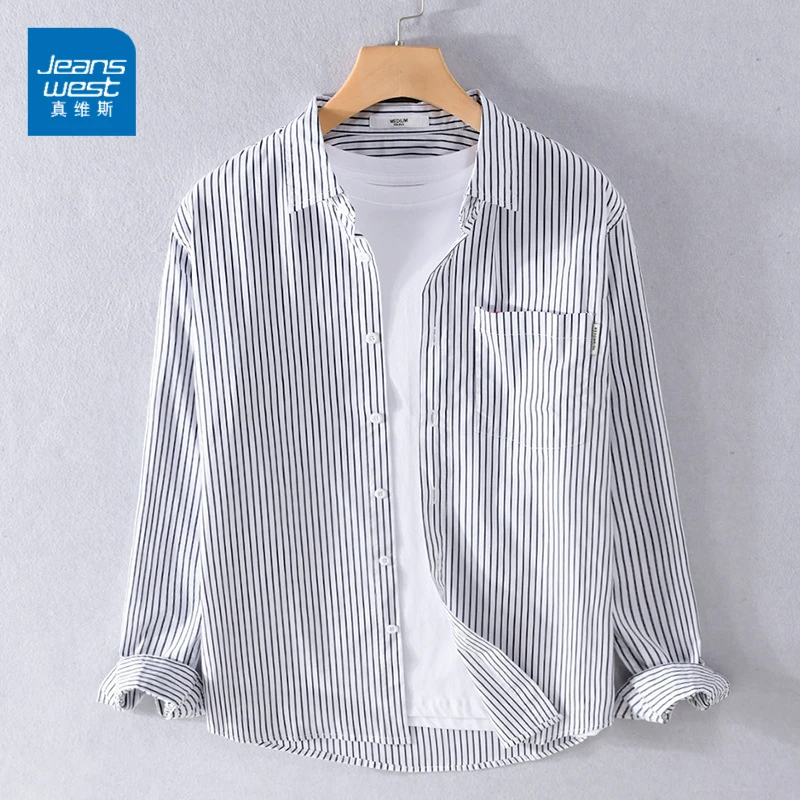 真维斯男士日系条纹衬衫长袖春秋季潮流时尚休闲复古百搭薄款衬衣