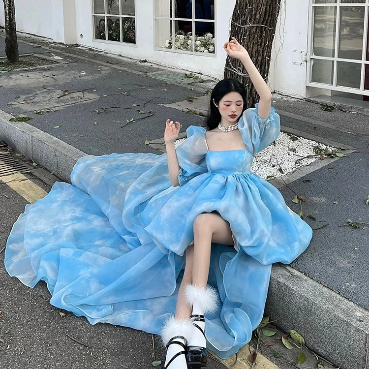 法式浪漫拖尾公主裙夏季新款收腰显瘦两穿在逃公主前短后长公主裙