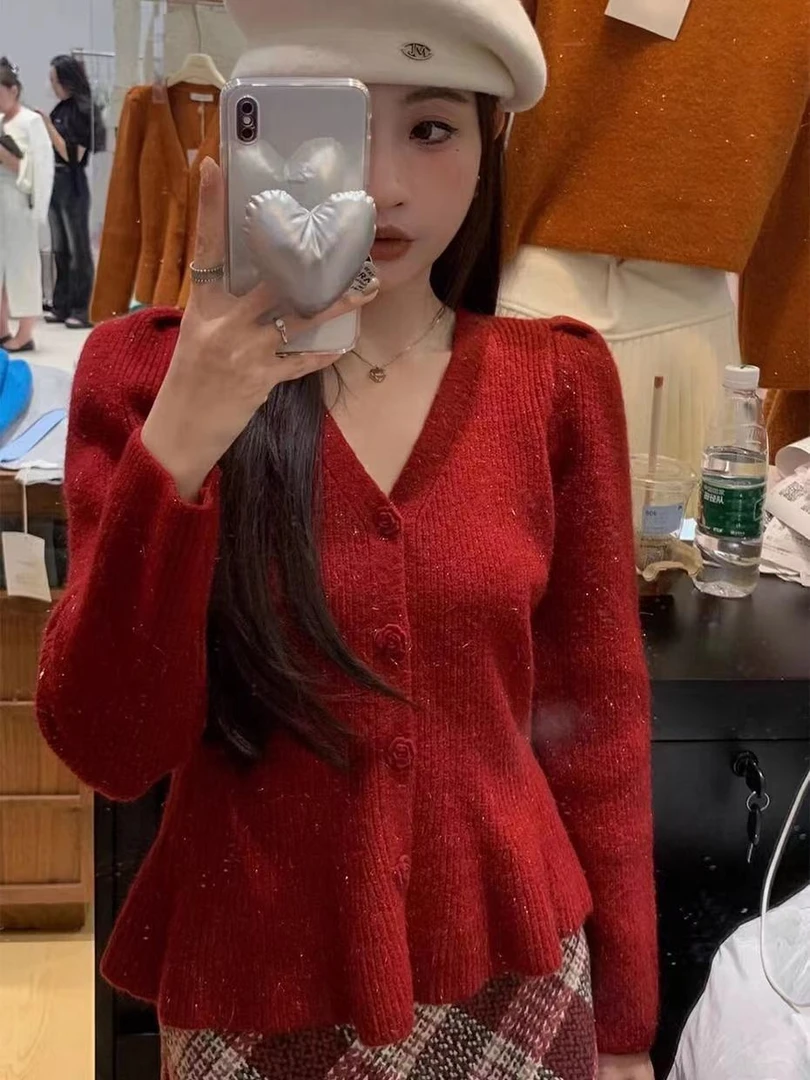 1121网红风时尚百搭外穿保暖长袖针织开衫女纽扣外套2024春季新款