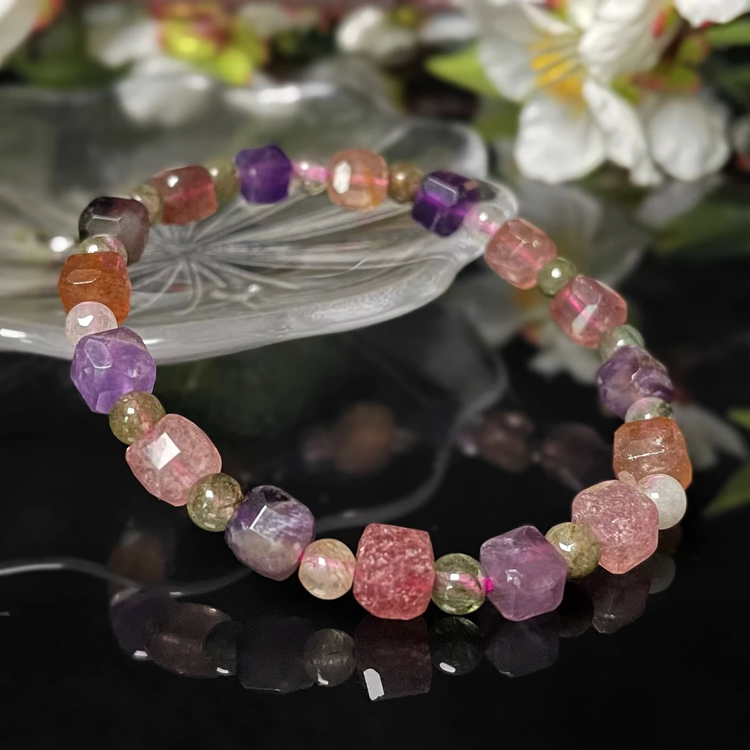 7毫米+好运草莓晶切割小方糖单圈手串首饰爆款纹饰品（正品带证