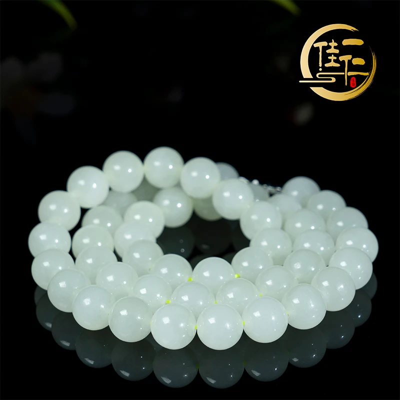 直播同价）天然和田玉圆珠活口项链珠宝石首饰推荐(真品带证)