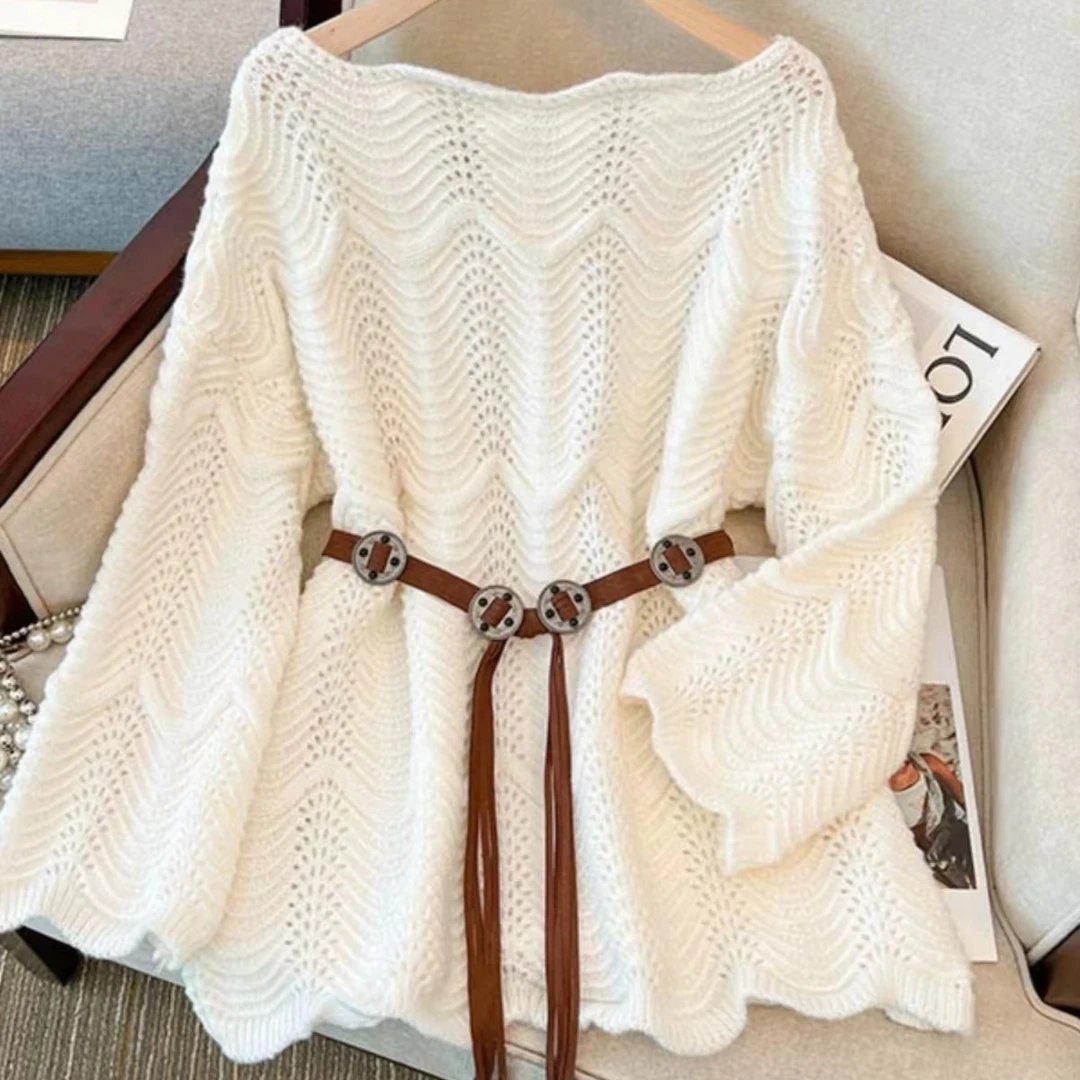 7633针织毛衣女2025春秋新款胖MM女长袖纯色洋气减龄腰带收腰显瘦