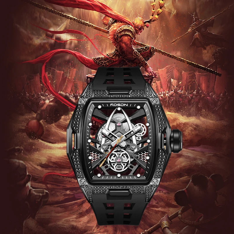 劳士顿暗黑悟空系列夜光防水酒桶形镂空潮流轻奢机械男表G2712