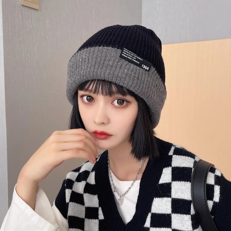 双面戴毛线帽男女秋冬双层加厚保暖护耳拼色时尚潮流洋气针织帽子