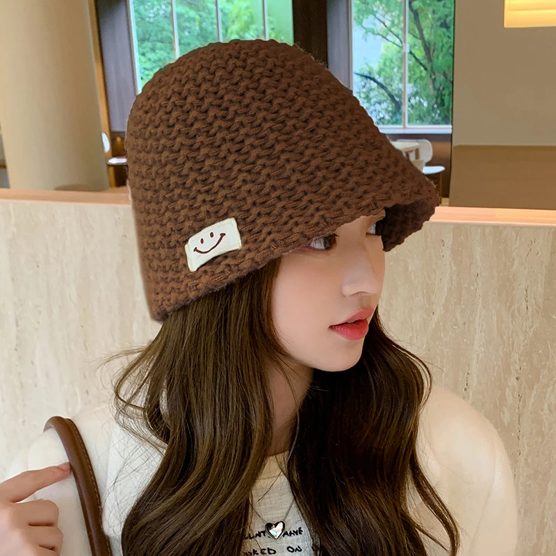 笑脸渔夫帽子女秋冬季百搭显脸小盆帽防寒保暖针织帽护耳毛线帽潮