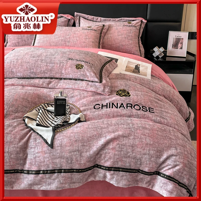 俞兆林2024新款A类全工艺高密度高克重轻奢绣花牛奶绒四件套加厚