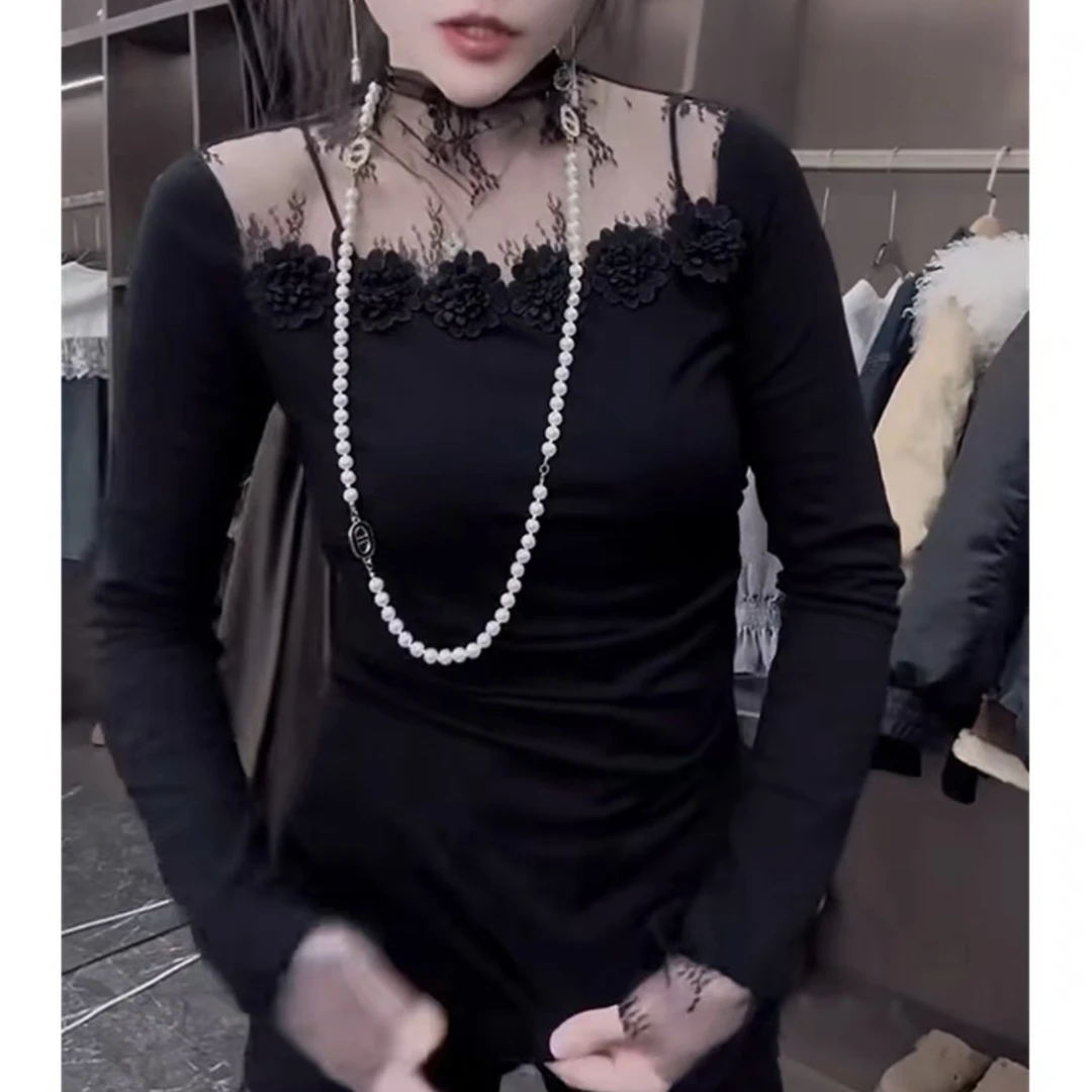 抗皱长袖T恤蕾丝秋冬秋季ins内搭时尚气质黑色加绒显瘦