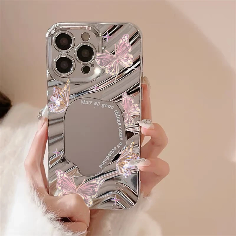 ins水晶梦幻蝴蝶苹果14promax手机壳iphone15/13/12/11镜面xr电镀