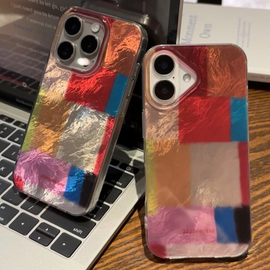 彩色拼接格子适用iPhone16/15/14冰川手机硬壳华为vivo小米oppo套