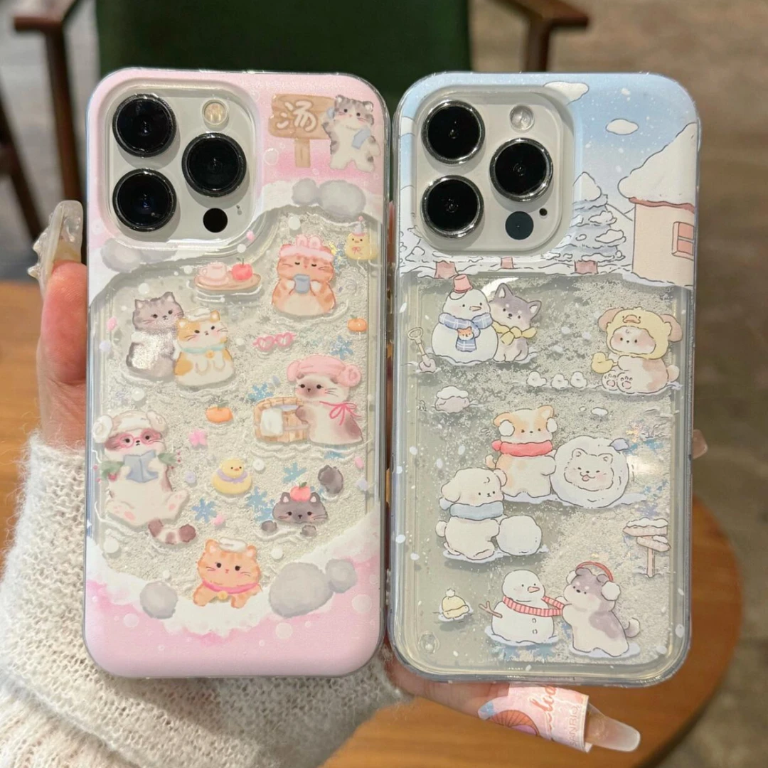 雪天泡温泉猫咪适用iphone16流沙手机壳15苹果华为vivo小米oppo套