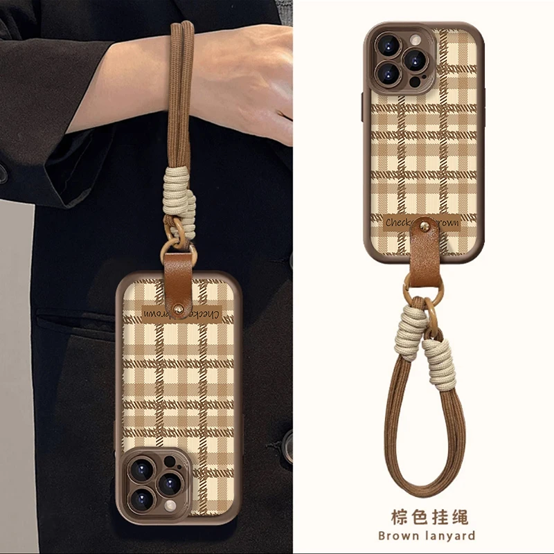 高级棕色格子适用iphone15/14/高竹手机壳苹果华为vivo小米oppo套