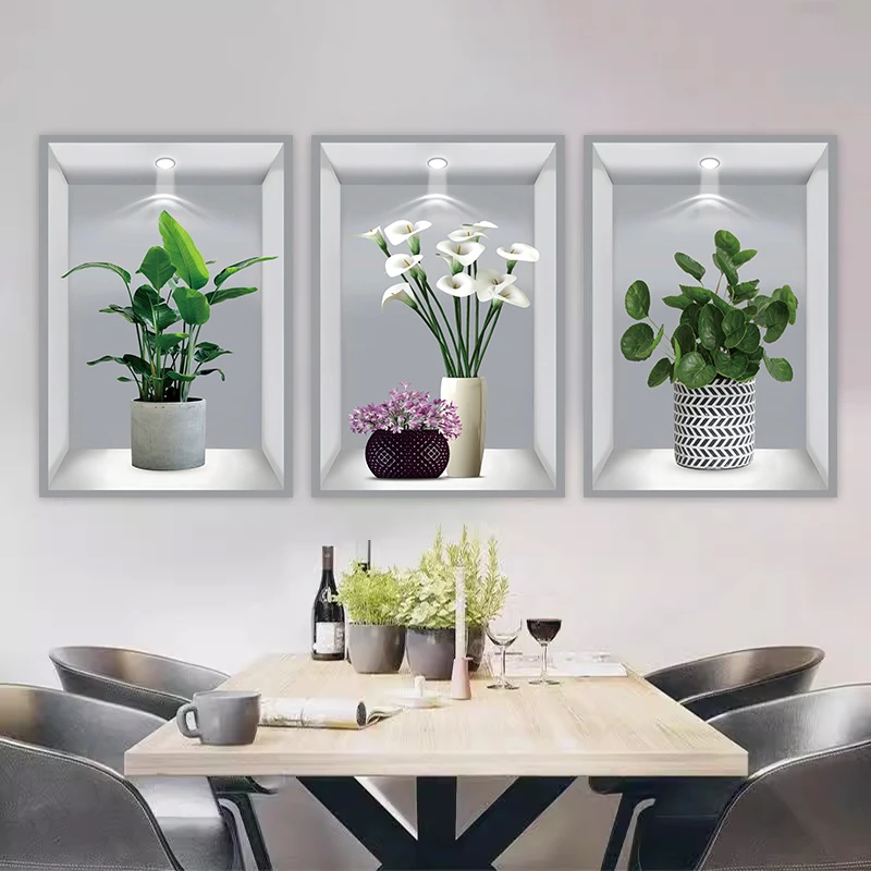 3D效果三联画绿植盆栽贴画植物花卉走廊楼梯过道宾馆客厅装饰壁画