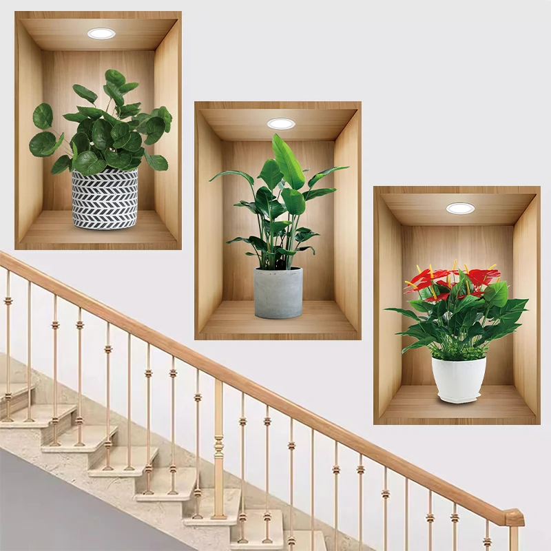 3d效果植物花卉盆栽三联贴画过道楼梯装饰画客厅餐厅墙面自粘壁画
