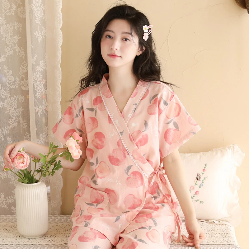 夏季纯棉纱布短袖短裤女士和服系带睡衣日系甜美蜜桃可外穿两件套