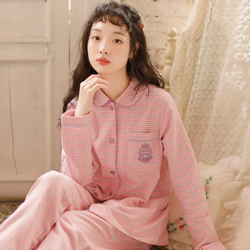 春秋季女款纯棉简约格子长袖套装新款磨毛绒布休闲保暖家居服