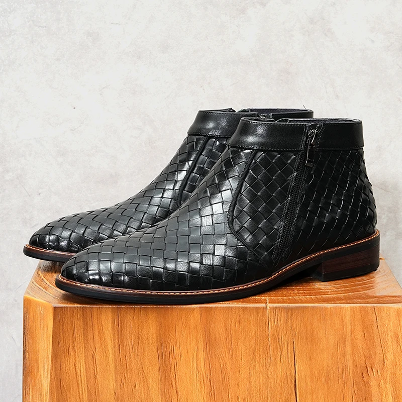 男士手工编织切尔西靴子休闲商务正装百搭时尚风头层牛皮柔软舒适