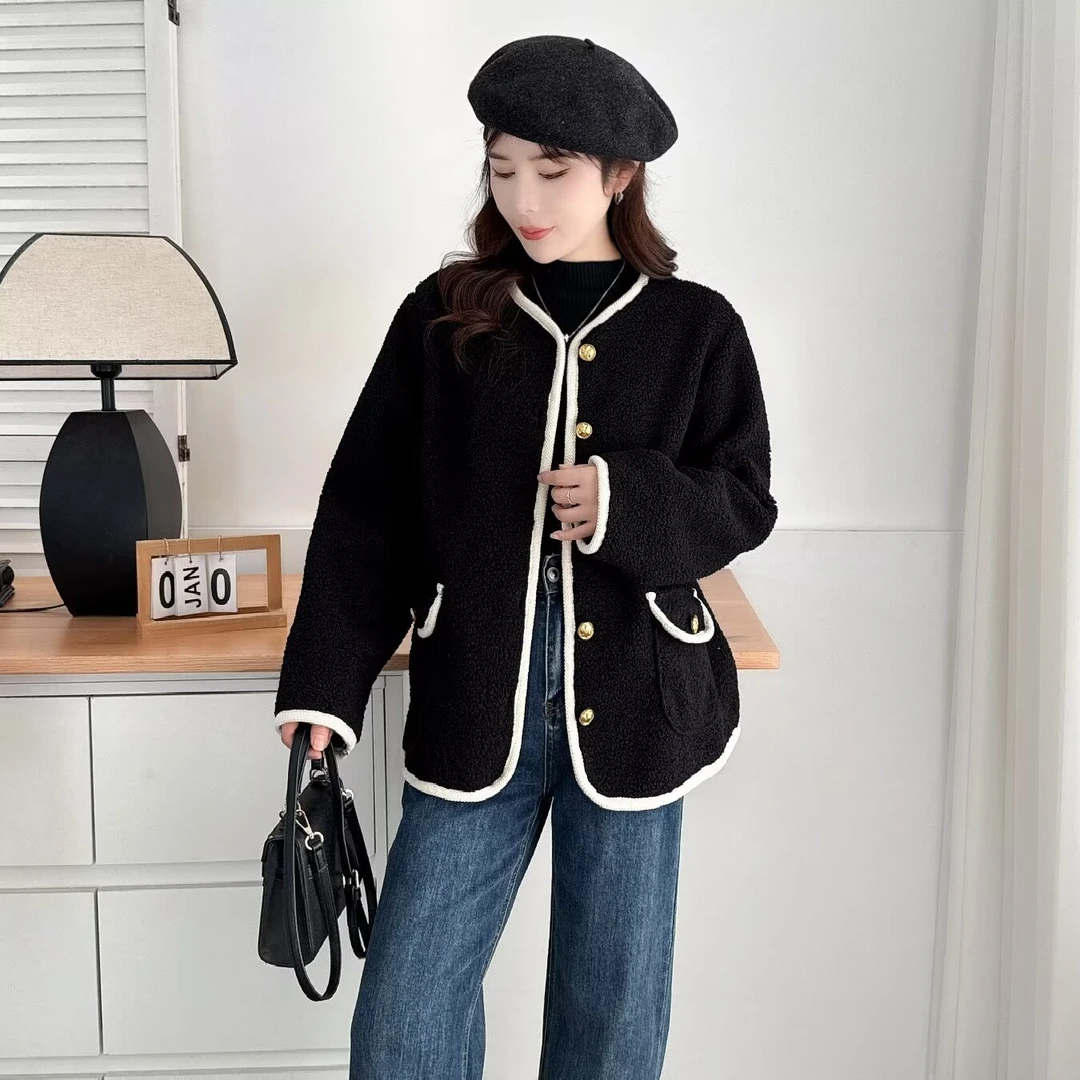 大码秋冬时尚加厚气质减龄小香风颗粒绒外套925