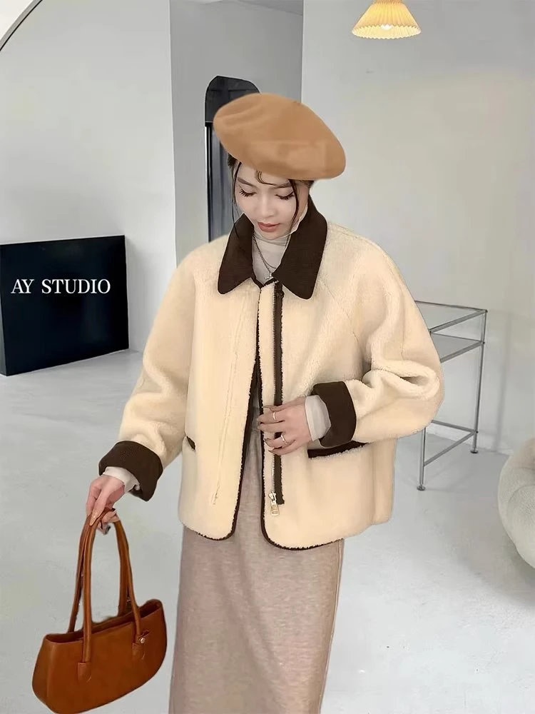 大码女装遮肉显瘦冬季时尚百搭小香风韩版气质羊羔毛厚外套8951