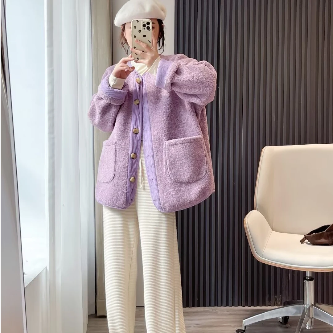 大码冬季颗粒绒时尚气质加厚大口袋保暖外套087