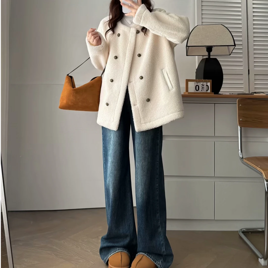 【小王家】冬季大码新款时尚气质双排扣简约大气颗粒绒外套女2458