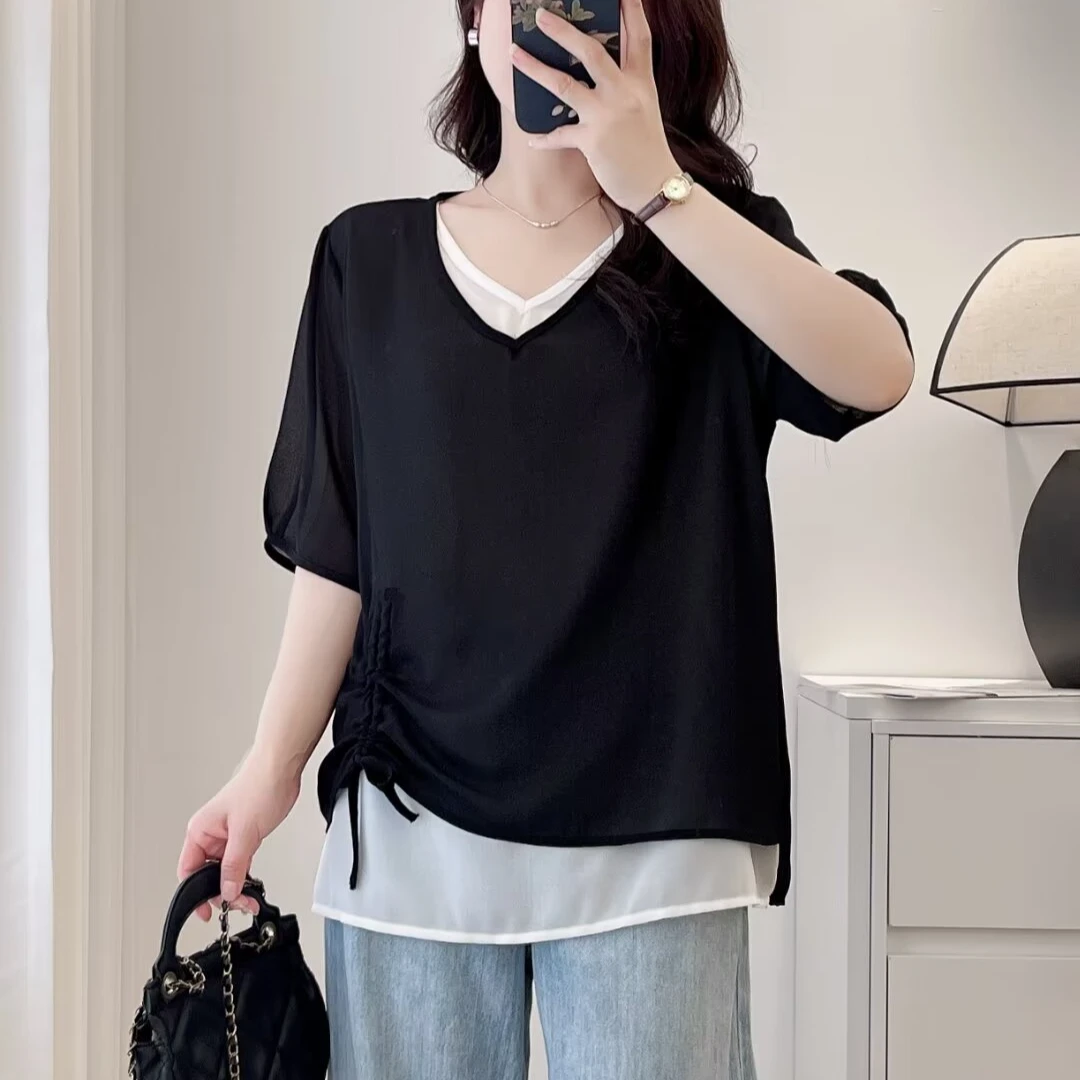 【卢大婷专属】大码夏季显瘦下摆抽绳气质减龄假两件V领雪纺短袖