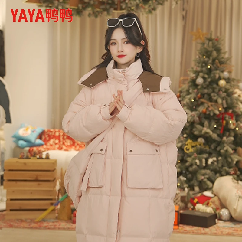 YAYA/鸭鸭长款羽绒服连帽冬季加厚保暖女士宽松防风YE3B631075H
