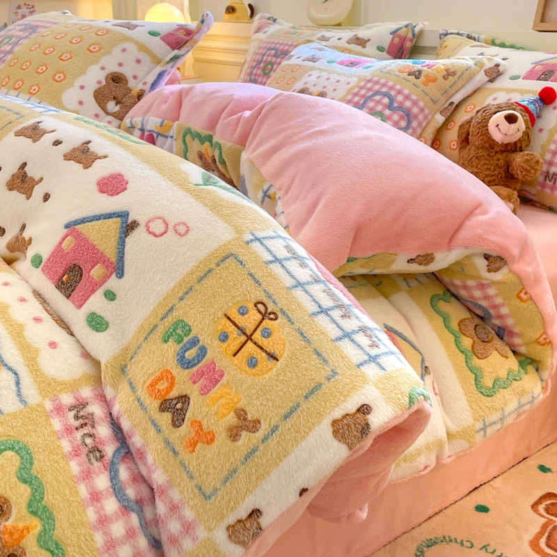 冬季加厚雪花绒四件套保暖牛奶绒双面被套三件套小清新床上用品