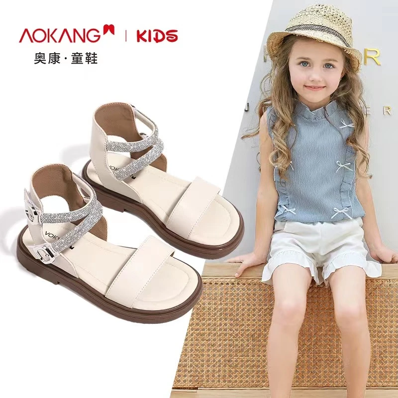 Aokang/奥康女童鞋公主凉鞋时尚罗马鞋夏季2024新款软底女孩潮鞋