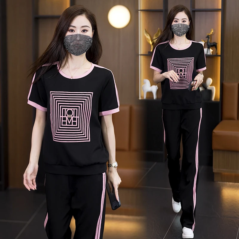 休闲运动套装女2024夏季新款时尚减龄几何印花圆领上衣裤子两件套