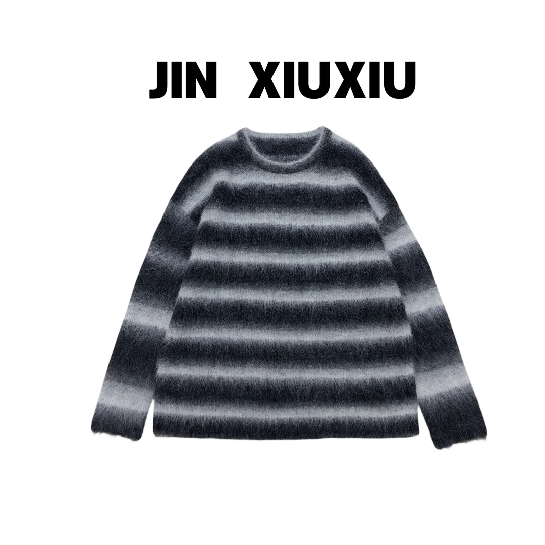 【金秀秀】【黑白羊驼毛条纹】1282韩国东大门新款圆领毛绒毛衣