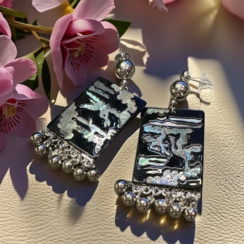 合金贝壳耳饰 新中式螺钿祥云仙鹤螺钿耳饰国风清冷感