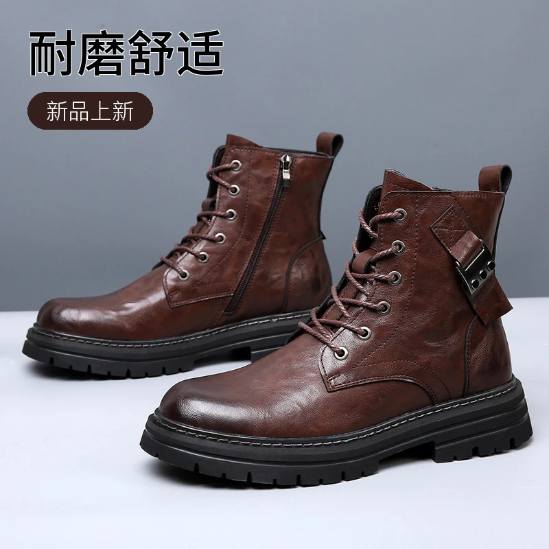 2025新款马丁靴男真皮高帮工装靴潮流复古加绒保暖时尚男靴子