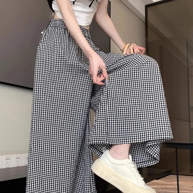 宽松慵懒风格子裤女夏季松紧腰休闲九分阔腿裤垂感a字大摆喇叭裤